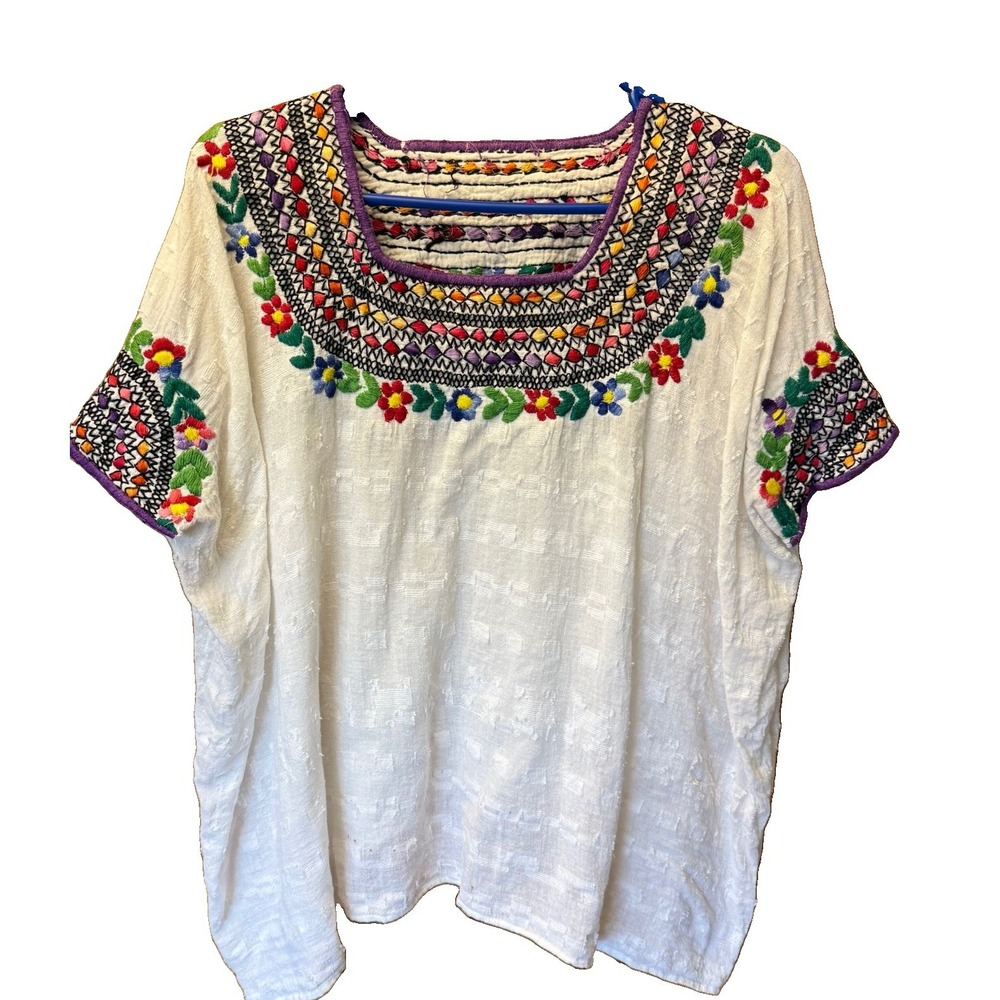 Vtg Mexican Oaxacan Huipil Top 2XL 3XL Embroidered Peasant Blouse Boho Floral